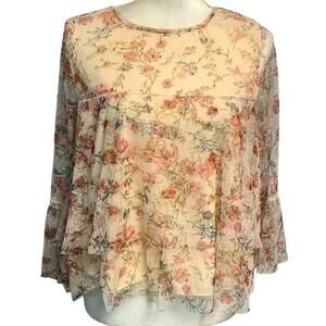 Boho‎ Bell Sleeve Layered Floral Flowy Whimsy Fairy Lined Babydoll Small Angie
